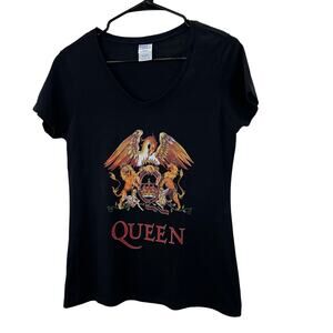 Queen Band T Shirt S Women Black V Neck Classic Crest Graphic Short Sleeve